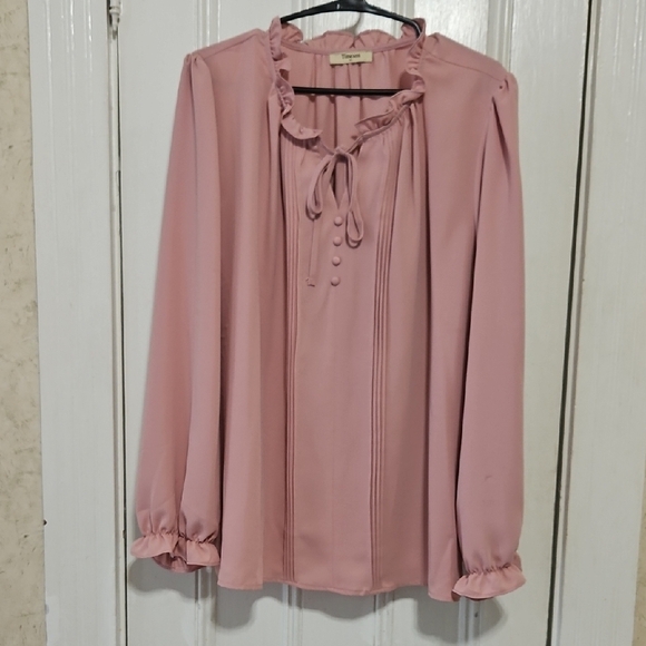 Chic Pink Ruffled Tie Front Blouse - Picture 1 of 11